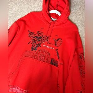 Givenchy Graphic Print Cotton V-Neck Mens Oversized Hoodie, Red,‎ XS, LIKENEW